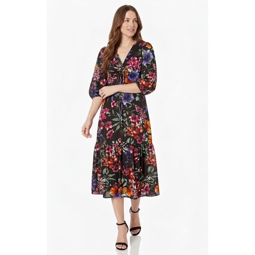 Maison Tara Floral V-Neck Ruched Tiered Midi Dress Black Multicolor 8 Boho